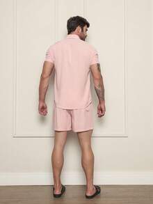 Men's Slim Fit Striped And Plain Set Shirt Short Sleeve Viscose - 淺粉色 - 查看 3