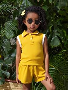 Conjunto Infantil de DoS Pieza para Niña – Polo sin Mangas y Short en Colores Vibrantes - Mostaza - Ver 3