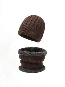 Set de 3 piezas de guantes, gorro y bufanda de lana tejida y forrada, adecuado para clima frío, unicolor, decoración casual de otoño