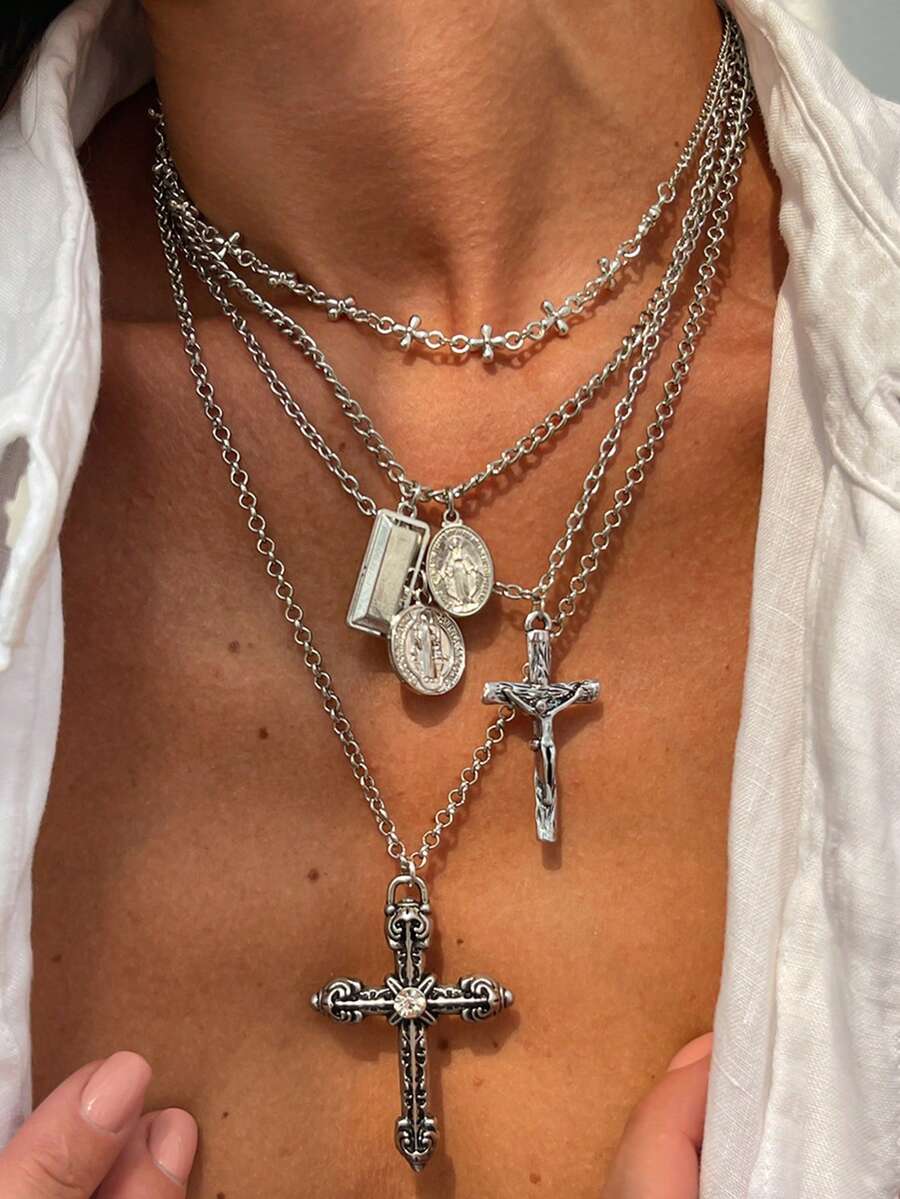 4pcs Vintage Metal Geometric Round Pendant Multilayer Necklace, Women Punk Style Jesus Cross Pendant Necklace Jewelry Set, Suitable For Women Daily Street Wear
