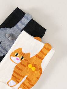 2 Pairs Cat Bell Pattern Casual Mid-Calf Socks, Fun & Cute, Suitable For Summer Wear. Creative 3D Abstract Cat, Egg, Bell Design Funny Ankle Socks, Adorable Cat, Egg Pattern, Suitable For Summer - Multicolor - View 11