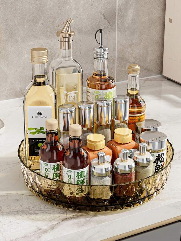 Organizador de almacenamiento giratorio de 360° para cocina y baño - Bandeja de plástico versátil para especias, condimentos y botellas pequeñas, diseño de encimera de uso múltiple con acabado texturizado, soporte para especias | Diseño giratorio | Plástico duradero