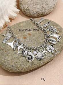 1PC Silver Metal Beach-Themed Chain Pendant Bracelet For Men & Women – Featuring Turtle, Starfish, Shell, Seahorse & Dolphin Charms, Fashionable Personalized Jewelry, Perfect For Beach Parties, Casual Wear & Summer Vacations - Silver - View 4