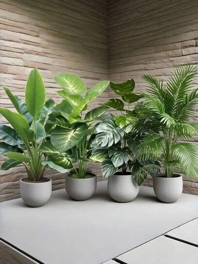 四件套 - 大型人造绿色植物棕榈树套装，含48片大叶子；圣诞装饰，现代婚礼花园装饰；免维护常绿财富树人造植物，四季皆宜；盆栽圣诞树，也适用于感恩节、万圣节等节日。