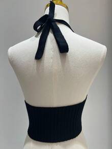 Simple, Knitted, Cable Knit, Backless, Beach, Tie-Up Crop Top - Black - View 3