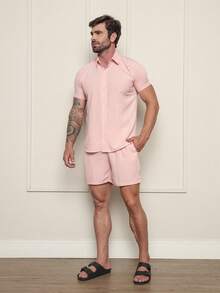 Men's Slim Fit Striped And Plain Set Shirt Short Sleeve Viscose - 淺粉色 - 查看 2