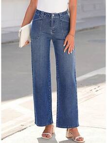 High Waisted Straight Leg Jeans Wide Leg Jeans Denim Pantshalloween - 發藍 - 查看 11