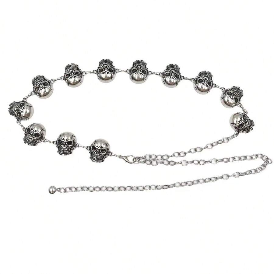 Fashionable Gothic Skull Halloween Silver-Plated Waist Chain, Suitable For Witch Costume Parties, Occult-Themed Gatherings & Mystical Spooky Styling