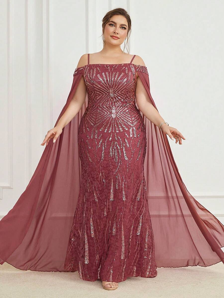 UNITHORSE Vestido formal de longitud hasta el piso con bordado de lentejuelas de corte aleatorio - Color caoba - Ver 1