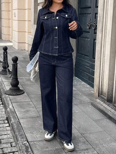 Elegant Vintage Casual Denim Two Pieces Set Collar Button Pocket Jacket And Wide Leg Pants Non Stretch Fabric Outfit