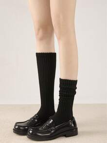 2 Pairs Women's Black & White Simple Slimming Calf Socks, Warm Long Socks Suitable For Daily Wear With Leather Shoes, Autumn/Winter, Cozy Socks