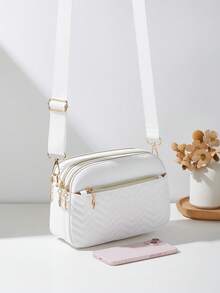 1个女士休闲通勤斜挎包，4个拉链设计，纯色个性时尚波浪图案，舒适的手提带和肩带，大容量，适合旅行、购物、通勤 - 白色 - 查看 3