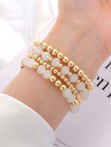 串珠手链，兼容 表带 41 毫米 40 毫米 38 毫米 42 毫米 44 毫米 45 毫米 49 毫米，金色串珠，可爱手工弹力表带，适用于 SE 9 8 7 6 5 4 3 2 1 系列，情侣礼物，金手链套装 - 金色/白色 - 查看 6