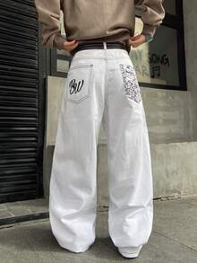 Infinite Jeans 1件裝 男士街頭極簡印花寬鬆寬腿牛仔長褲，舒適百搭休閒四季款（產品不含腰帶與配件） - 白色 - 查看 5