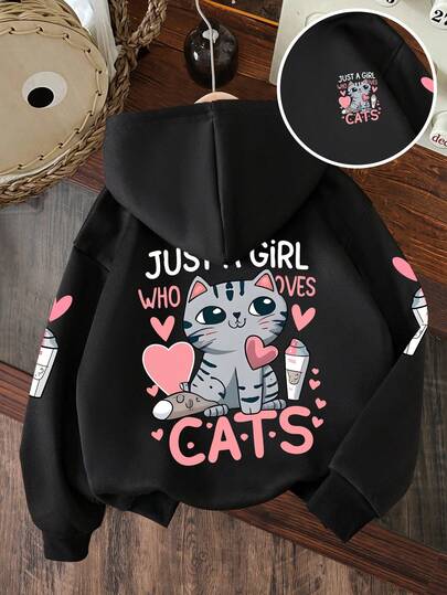 بلوزة كنزة مقنعة دافئة للفتيات الصغيرات بطباعة كرتونية