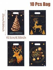 10/25/50个装黑色金色圣诞礼品袋，驯鹿和圣诞树图案塑料手提袋，圣诞派对用品，圣诞快乐装饰袋，圣诞庆祝小礼品袋，圣诞户外装饰，2026新年装饰，圣诞礼物，派对小礼品 - 黑色金色聖誕 - 查看 10
