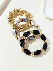 LADYCOCO 3pcs Vintage Thick Chunky Acrylic Beaded Multilayer Bracelet, Transformable Gold Chip Bracelet, Suitable For Women, Couples, Party, Daily Wear - Multicolor 30 - View 4