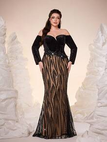 Mgiacy-POP,New Arrival,Off Shoulder,Elegant,Large Size Evening Gown Dress,Asymmetric,Sequin,3D Floral,Sequin Splicing,Package Hip,Mermaid Hem Dress,FOR,Prom Wedding,Party Dress,Wedding Guest Dress,Evening Dress(Non-Positioning) - Black - View 4