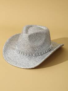 1 件男女通用亮片纯色波西米亚牛仔帽牛仔帽沙滩帽巴拿马帽太阳帽爵士帽软毡帽软呢帽户外 - 銀色 - 查看 2