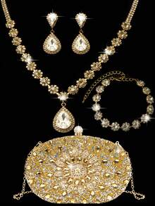 Rhinestone Jewelry Set Bling Necklace Earrings Bracelets Set For Women Evening Clutch Bag Bridal Wedding Sparkling Sunflower Crystal Glass Diamond Decoration Purse For Women Prom With Detachable Metal Chain For Wedding And Party Shoulder Bag For Women Clutch Purses For Ladies Bag Women's Handheld Evening Bag Versatile Glitter Handheld Bag Cocktail Party Wedding New Wallet Banquet Bag