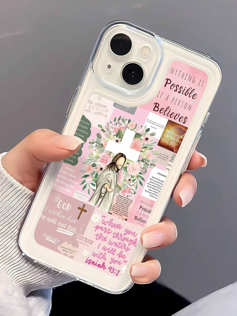 1pc Minimalist Personalized Jesus Slogan & Floral Patchwork Pattern Transparent Soft TPU Full Body Shockproof Anti-Fingerprint Phone Case, Compatible With IPhone 16/16Pro/16Plus/15/15ProMax/15Pro/11/12/13/14ProMax/11Pro/11ProMax/12Pro/12ProMax/13Pro/13ProMax/14Pro/14ProMax, Creative Premium - Multicolor - View 1
