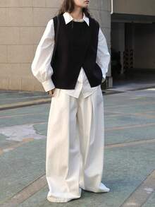 Alicedudu Women's Asymmetrical Hem Pullover Vest, Minimalist Design, Autumn/Winter - Black - View 5