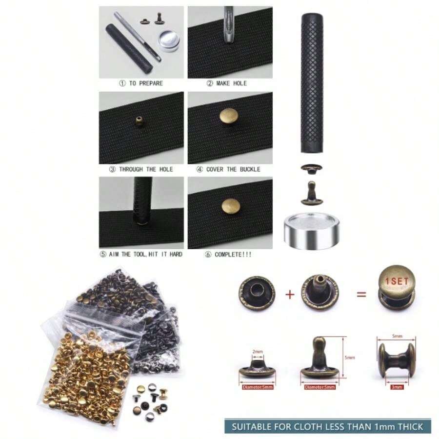 400 Sets Leather Rivets, Double Cap Rivet Tubular 4 Colors Metal Studs With Fixing Tools Leather ClothesShoesBagsBelts Repair Decoration 6x6mm - 5x5毫米 - 查看 1