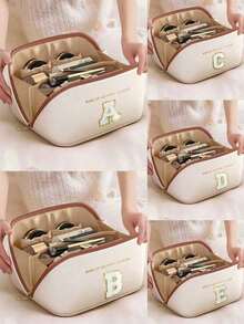 Sac de maquillage de voyage en PU, sac cosmétique imperméable avec lettrage, sac de maquillage grande capacité à plusieurs couches, pochette à fermeture éclair, sac de rangement de voyage portable, sac imperméable multifonction, organisation du maquillage et des bijoux, accessoires de voyage, nécessités de croisière, rangement pour baume à lèvres et enrobés à ongles, cadeau de la Saint-Valentin, cadeau pour demoiselle d'honneur, cadeau d'anniversaire, cadeau pour amis et enseignants, cadeau de fête, cadeau pour la fête des mères, cadeau pour femmes - Multicolore - Voir 2