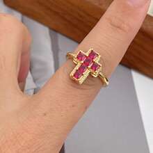 Anello aperto minimalista con croce dorata, intarsiato in rame con zircone cubico, gioiello religioso personalizzato da donna, adatto per uso quotidiano/credenti religiosi