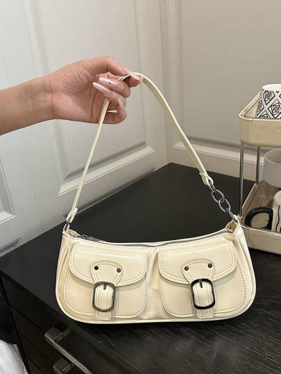 Nuevo bolso de mano de moda con decoración de bolsillo doble, adecuado para fiestas, salidas, vacaciones, compras y uso diario, puede almacenar monedas, teléfonos, también adecuado como bolso de trabajo para oficinistas, estudiantes universitarios y trabajadores de oficina, elegante bolso de señora