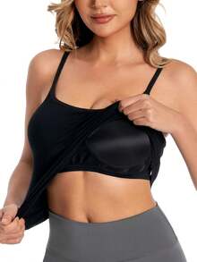 Womens Modal Built-In Bra Padded Camisole Yoga Workout Tank Tops Adjustable Straps Soft Basic Cami Undershirt - Black - View 4