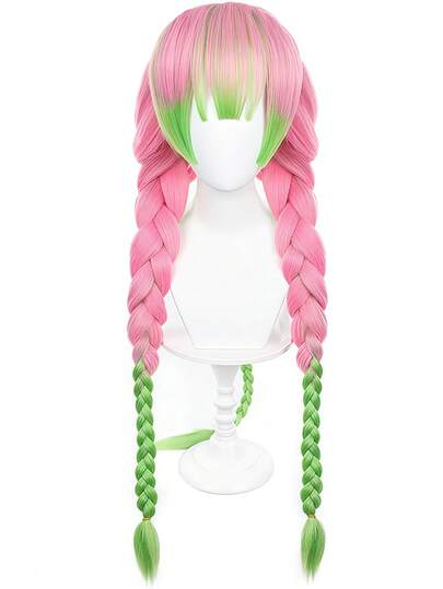 Kamakura Mitsuri Cosplay Wig, Gradient Pink-Green Thick Braided Wig, Halloween Party Supplies