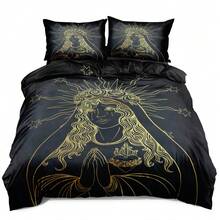 Conjunto de capa de edredom de microfibra com tema de misticismo gótico, 2/3 peças, estampa 3D, arte em linhas douradas, conjunto de roupa de cama estilo esotérico para decoração alternativa e eventos temáticos (tamanho 135x200, apenas 1 fronha)