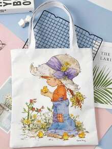 Bolso de tela con impresión de niña de dibujos animados vintage a doble cara, bolso de compras con estampado de flores, estilo bohemio y académico, ideal para regalos de Otoño, Acción de Gracias y Pascua, adecuado para uso diario, picnics, vacaciones en la playa, trabajo y escuela, 16in*14in