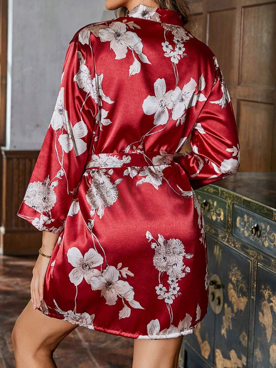 1pc Women Elegant Floral Print Loose Robe With Tie Waist, Comfortable Sleepwear Bathrobe For Home Wear - Red - View 1
