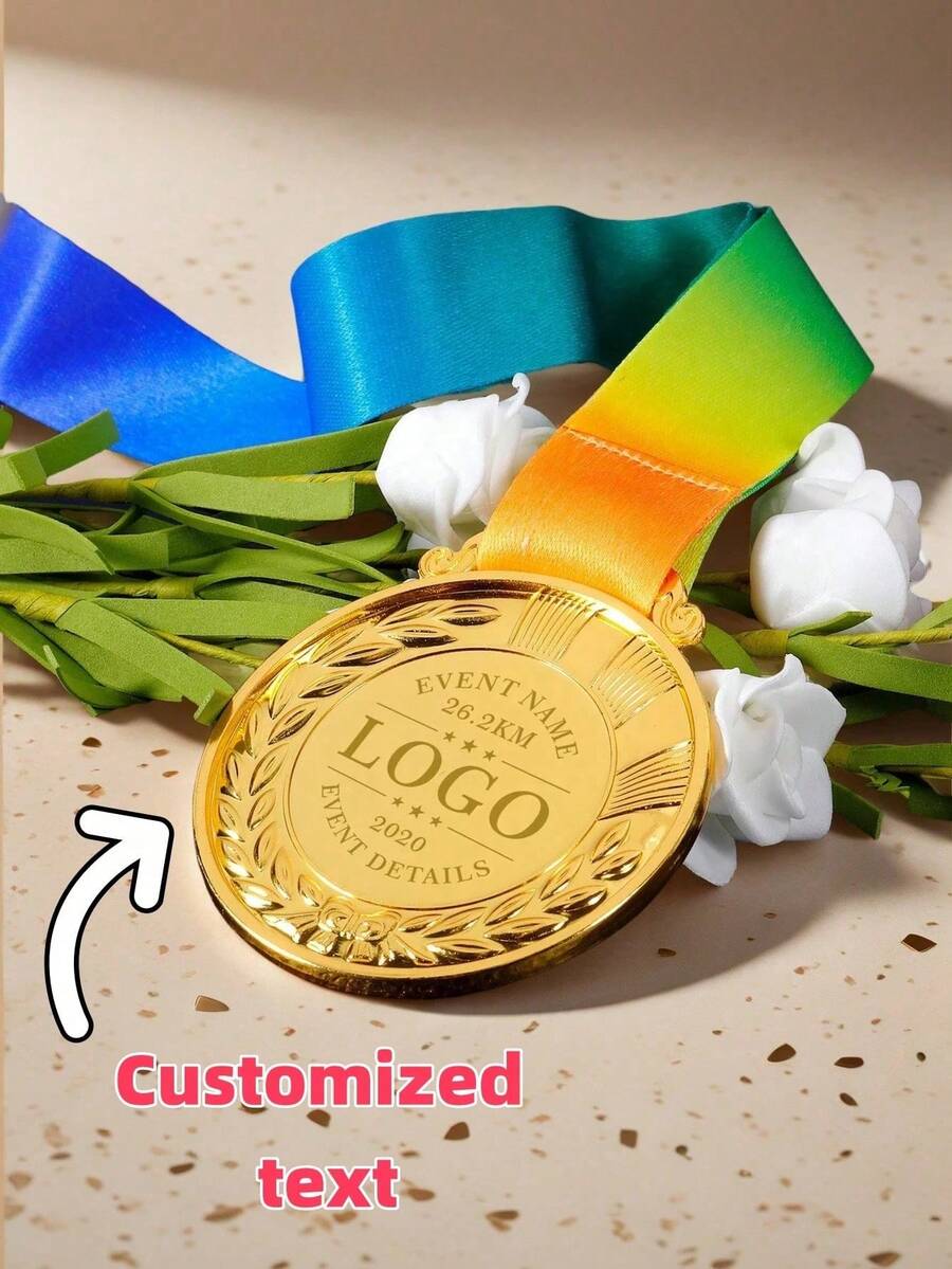 1 Peça Pingente de Metal Personalizado, Medalha com Acabamento de Espiga de Trigo, Material de Liga de Zinco, Medalha de Competição, Medalha Comemorativa de Honra de Evento Esportivo de Maratona, Pode Ser Usado Como Presente de Incentivo (Envio de Alça Aleatória, Usamos Artesanato a Laser, Sujeito ao Produto Físico Recebido) - Multicolorido - Visão 1