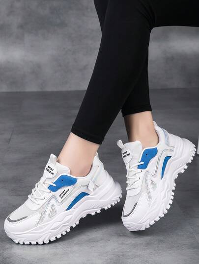 Women's Low-Top Lace-Up Color Block Casual Sneakers, Breathable, Non-, Platform, Outdoor, Versatile, Fashion Chunky Sneakers