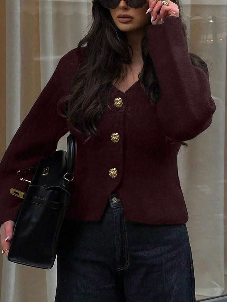 Women's Casual Slim Fit Solid Color V-Neck Drop Shoulder Metal Button Hem Slit Long Sleeve Knit Cardigan Loose Outerwear, Spring/Summer/Autumn - Burgundy - View 6