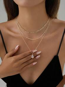 Tkool Bộ 3 dây chuyền nhiều lớp, thiết kế dây xích dẹt dày thời trang, đính đá Cubic Zirconia hình giọt nước bằng đồng, thích hợp cho phái nữ đeo khi đi nghỉ ở bãi biển - Vàng - Xem 4