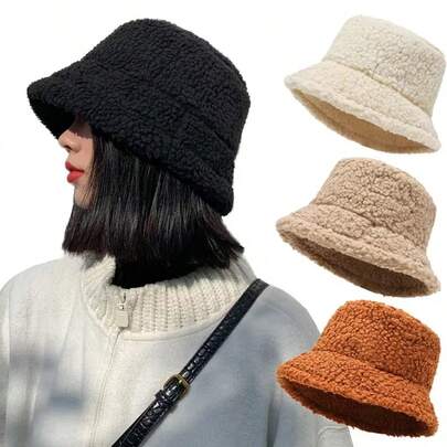 1pc Autumn/Winter Bucket Hat, Minimalist Solid Color Sherpa Hat, Women's Fashion Cloche Hat, Solid Color Gift (Hat With Drawstring Adjustable Size), Warm Solid Color Winter Outfit