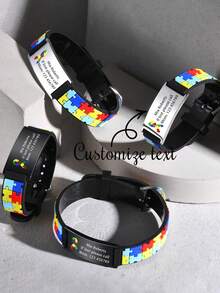 1pc Personalized Laser Engraved Colorful Autism Puzzle Logo Stainless Steel & Silicone Adjustable Bracelet, Autism Awareness Jewelry, Personalized Wrist Bands - Style 3 - View 2