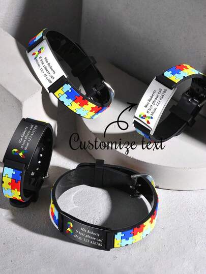 1 pieza Pulsera ajustable de acero inoxidable & silicona con logotipo de rompecabezas de autismo colorido grabado con láser personalizado, joyería de concienciación sobre el autismo, bandas de muñeca personalizadas