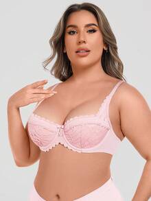 WINGSLOVE Plus Size Sexy Push Up Elegant Low Cut Lace Bra - Lightly Padded Bralette With Pearl Accents & Adjustable Straps - Baby Pink - View 2