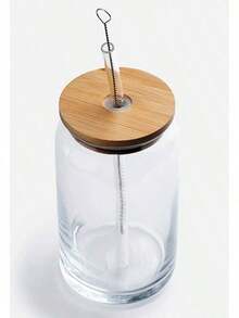 SELECTSHOP Set De 4 Vaso Tipo Lata De Vidrio Con Tapas Popotes De Vidrio Y Cepillo De Limpieza Vasos para Cerveza Taza de Café Helado Vasos de Cóctel Adecuados para Agua Jugo Sodaé Regalo (Set De 4) - Juego de 6 piezas - Ver 2