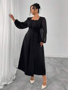 Elegant Plus Size Black A-Line Long Dress With Square Neck Ruched Bishop Sleeves And Flared Hem, Perfect Long Sleeve Curve Dress - Black - View 5