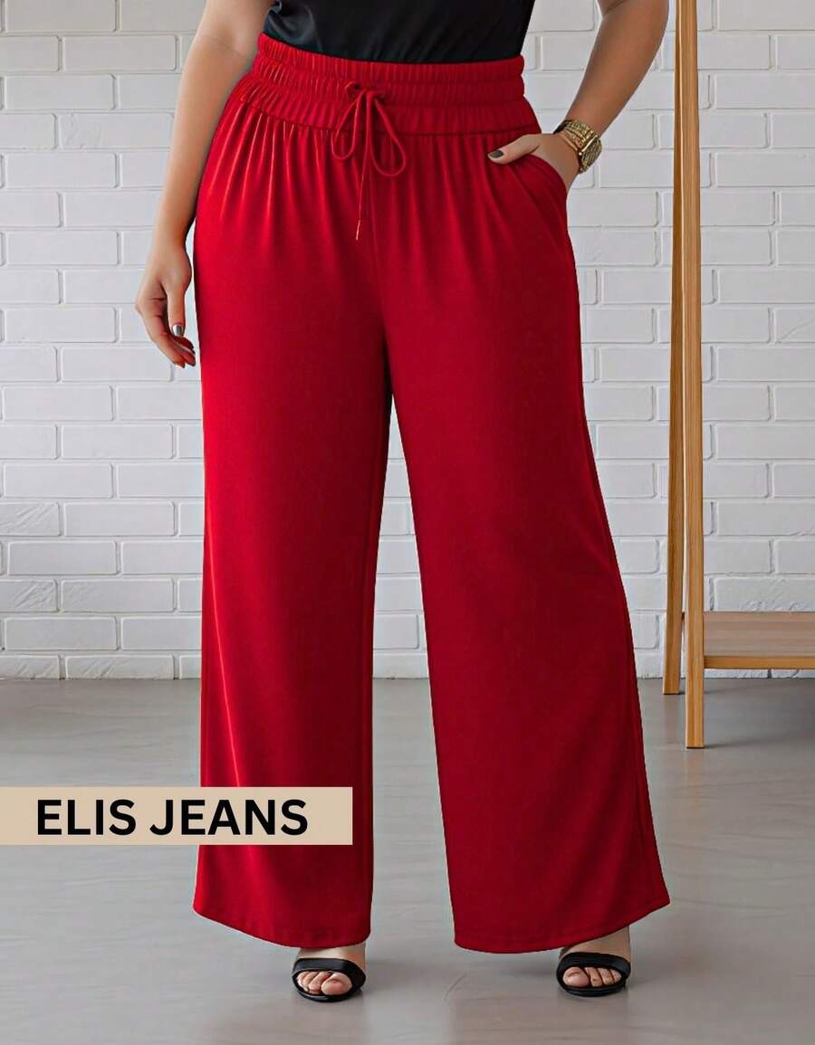 Duna Women's Plus Size High Waist Wide Leg Pants With Thick Elastic And Zero Transparency - 紅色 - 查看 1