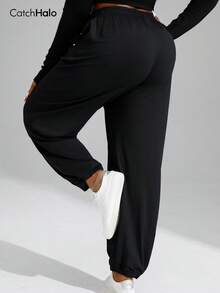 Plus Size Women's Loose Fit Sweatpants, Casual Sports Style, Elastic Waistband With Drawstring, Side Pockets, Tapered Leg, Flattering Silhouette, Suitable For Curvy Figures - Black - View 11