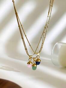 1pc Fashionable Stainless Steel Flat Oval Colorful Mini Stone 18k Gold Waterproof Versatile Women Necklace