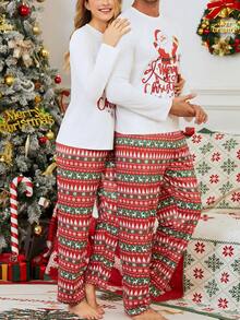 2pcs/Set Men's Christmas Random Print Pattern Regular Fit Crew Neck Pullover Sweatshirt And Pants Loose Pajama Set, Lightweight For Spring/Autumn - Red and White - View 6