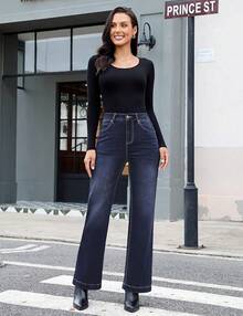 Flare Jeans For Women Thin Fleece Lined High Waisted Wide Leg  Fall Stretchy Denim Pants Trouser Jeanshalloween - 靛藍天藍色 - 查看 9